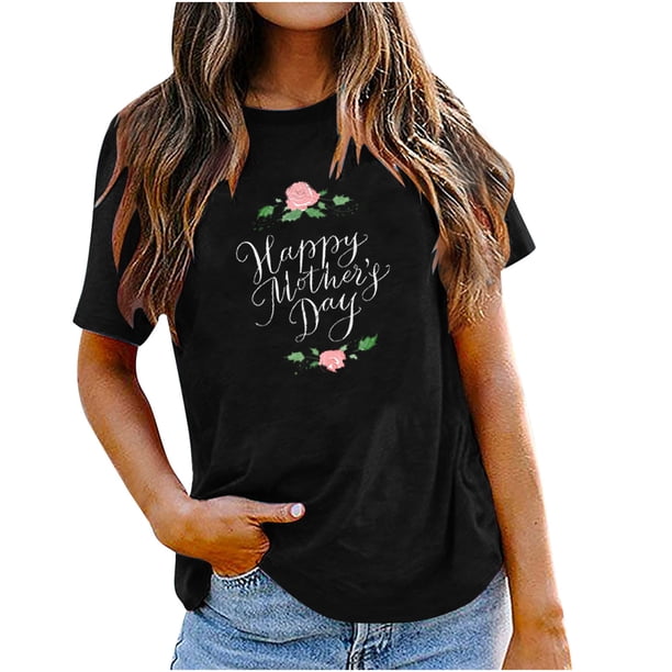 Tops con estampado de día de la madre de Pascua de manga corta con cuello redondo a la moda para mujer Fridja bn7730