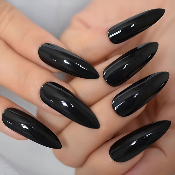RAGUPEL Black Glossy Halloween Design Sharp Stiletto Extra Long Reusable Press on Nails Set Goth Press on Nails