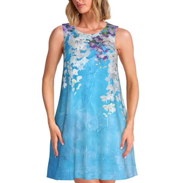 Disketp Hanging Orchids Floral Blue para Vestido sin Mangas para Mujeres, Vestidos de Verano para Mujeres, Casual y Holgado para la Playa