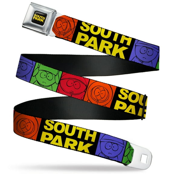 Paramount Network Belt, Seatbelt Buckle Belt, South Park Boys Face Drawing and Title Logo Color Block Multi, 30 to 44 Inches