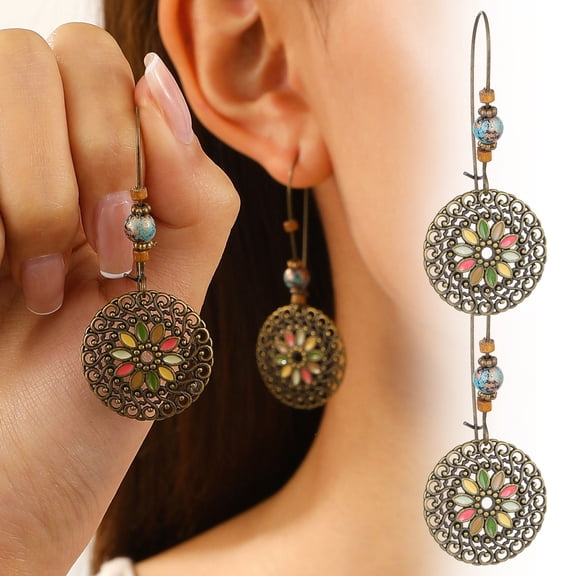 CHENjy, boho earrings, boho earrings for women, earrings, handmade retro ethnic geometric hollow round statement jewelry for women