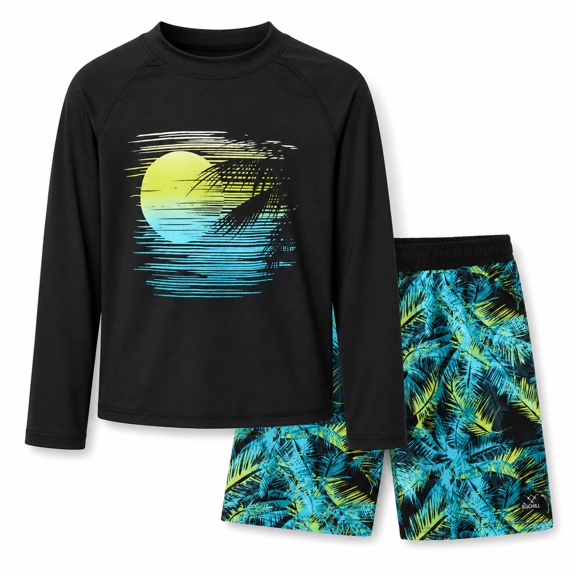 Big Chill Boys Swim Set - Boys Rash Guard Swim Set - UPF 50 Rash Guard Long Sleeve Swim Shirt Board Short Swim Trunks (5-14)
