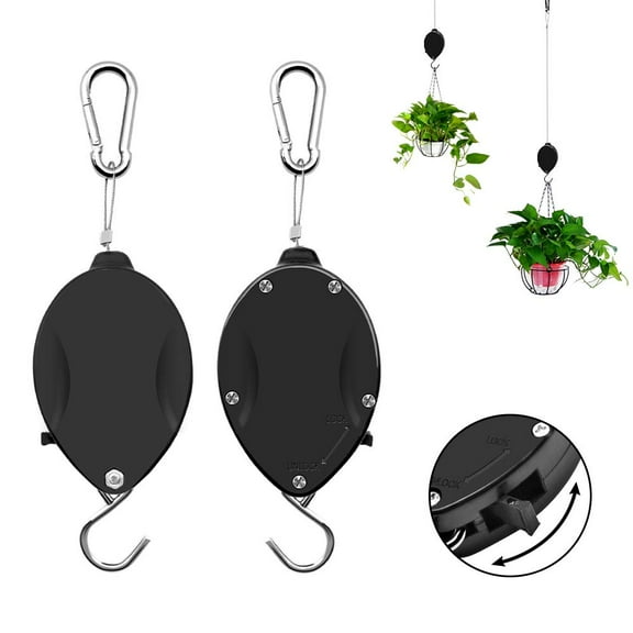Bomutovy 2Pcs Upgraded Retractable Plant Hanger, Plant Pulleys for Hanging Plants, Easy to Raise and Lower, Auto Lock, Heavy Duty and Adjustable Hook for Garden Baskets Pots, Birds Feeder, Black