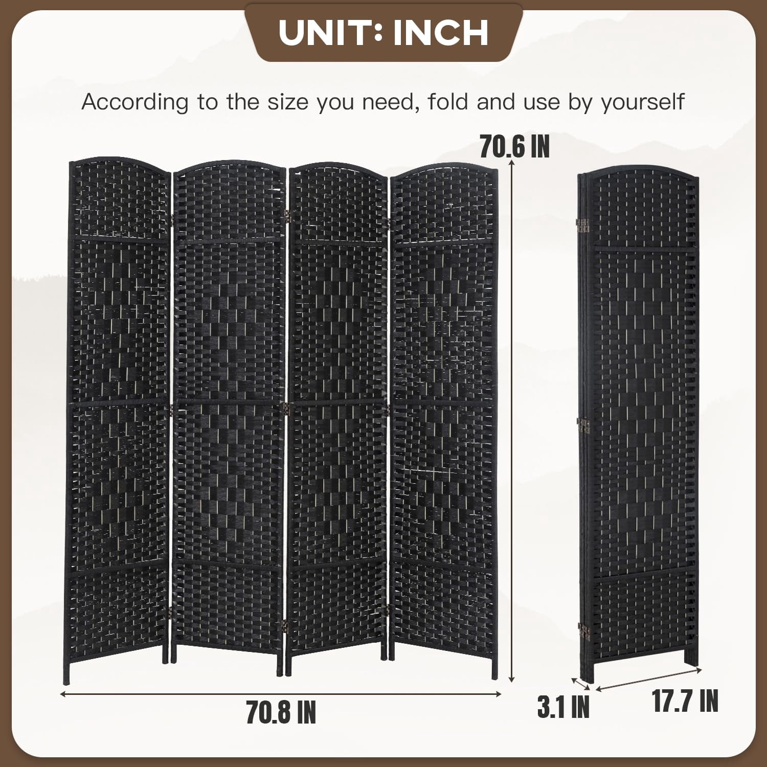 NiamVelo 4 Panel Room Dividers Folding Privacy Divider 6Ft Indoor Wall Divider Portable Partition Wood Screen, Black