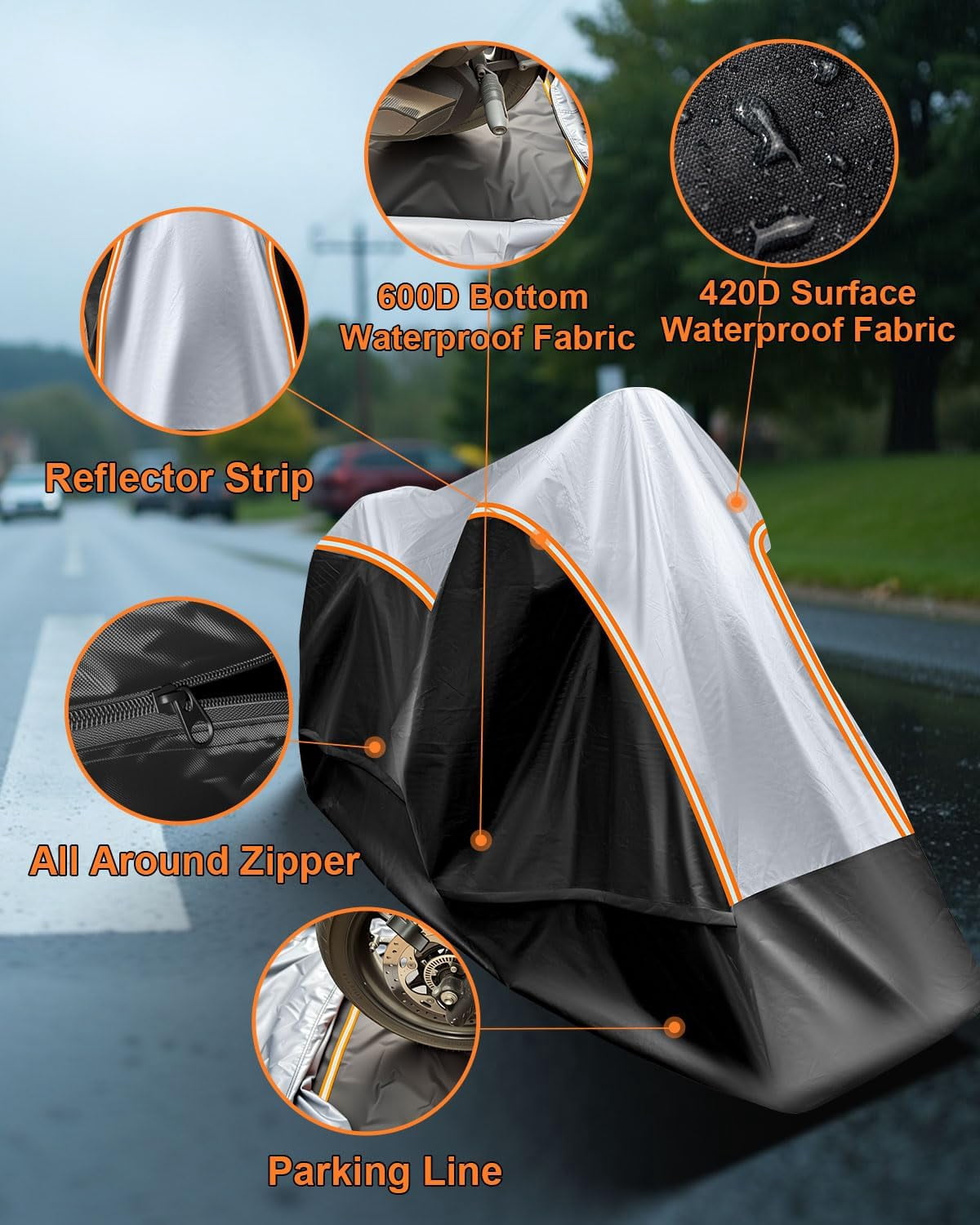 Full Enclosed Motorcycle Cover Waterproof Outdoor/Indoor Storage Waterproof Motorcycle Cover Heavy Duty with Reflective Strips Fits Scooter/Touring Motorcycles Length up to 108"（Black+Sliver）