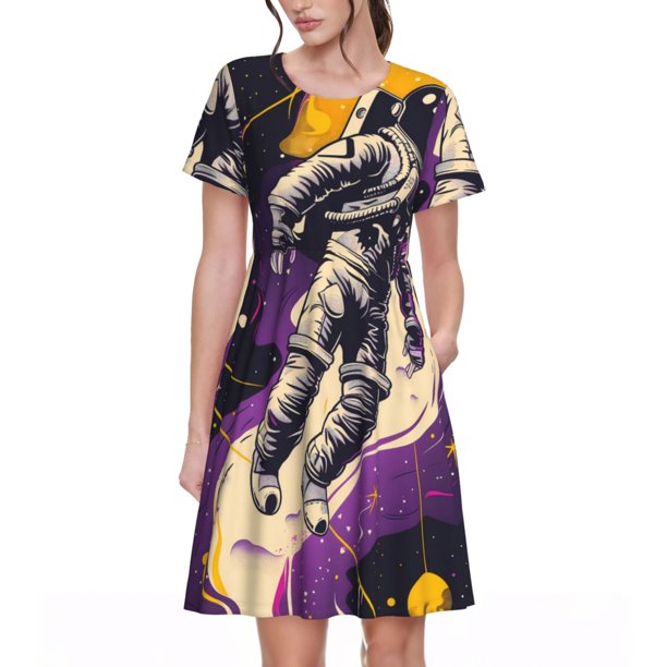 Disketp Astronaut Floating purple Space para Vestido de Manga Corta para Mujeres, Vestidos de Verano para Mujeres, Casual y Holgado para la Playa