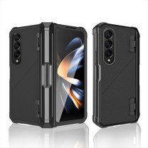 ELEHOLD Rugged Case for Samsung Galaxy Z Fold 4,Twill Pattern Design Built-in Screen Protector Pen Slot Full Body Hinge Protection Shockproof Non-Slip Heavy Duty Case,Black