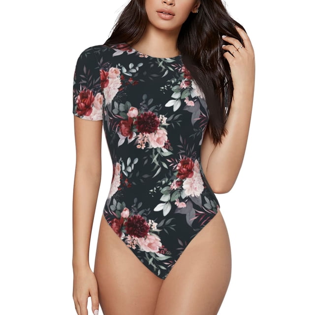 Kdxio Justaucorps à Manches Courtes Imprimé Floral Aquarelle pour Femmes Col Rond Modal Doux Confortable Ajusté Aguichant Top-TTG