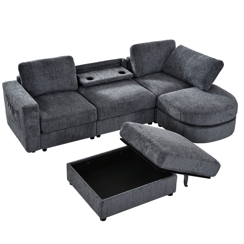 102.4" U-Shaped Modular Sectional Sofa with 2 Movable Ottomans, Chenille Fabric Couch with Storage Ottoman, Drop-Down Console with 2 Cup Holders, Solid Pine Wood Frame for Living Room