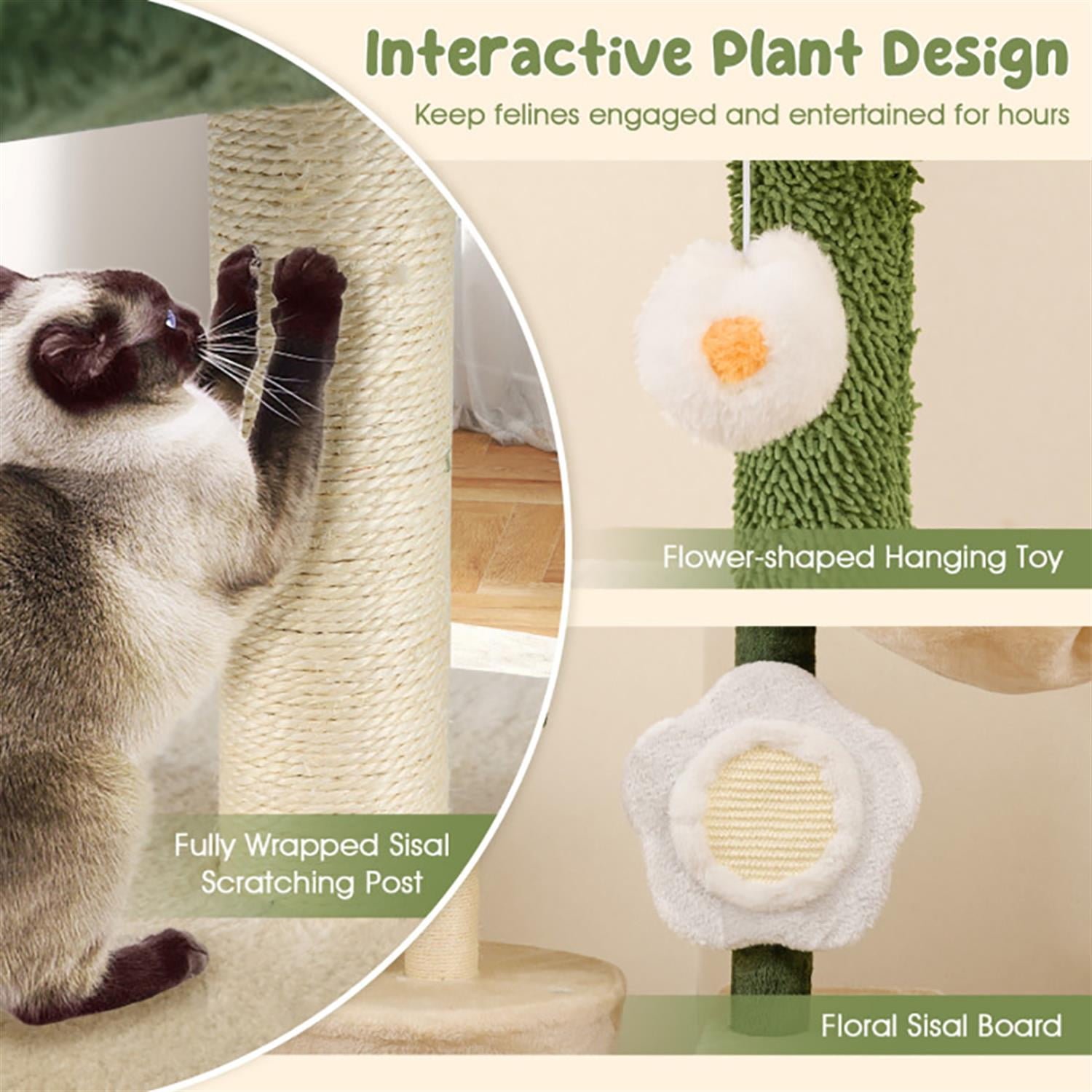 Kadyn 71" Cat Tree Tower with Hammock for Indoor Cats, Cute Flower Cat Tree House with Scratching Posts and Dangling Ball, Beige