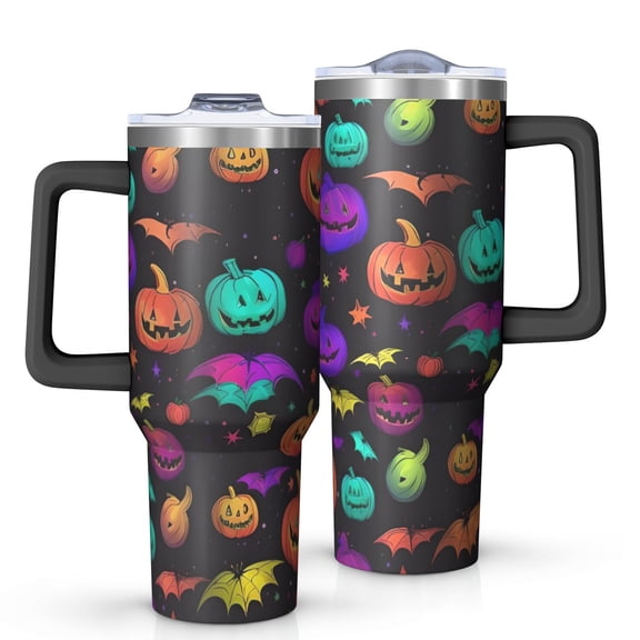 Rainbow Halloween Pumpkins Pattern Tumbler with Handle and Lid,40oz Double Wall Vacuum Insulated Tumbler,Cups Gift for Women and Men