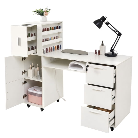Haooyeah Manicure Table with 1 Shelf, 4 Drawers, 2 Cabinets, Rolling Nail Desk with Tabletop Organizer, Mobile Nail Tech Workstation, White