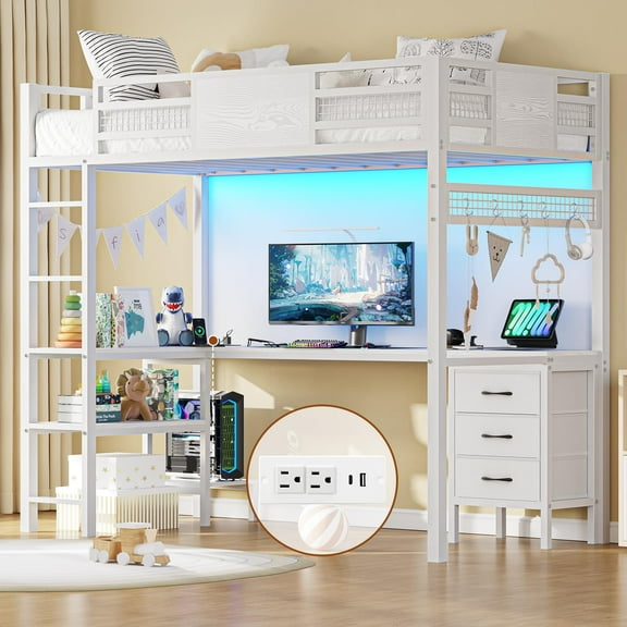 Twin Size Loft Bed with Desk, LED Lights,Charging Station, Twin Metal Loft Bed Frame with Fabric Drawers & Shelve, 13.4" H Safety Guardrail, No Box Spring Needed, White