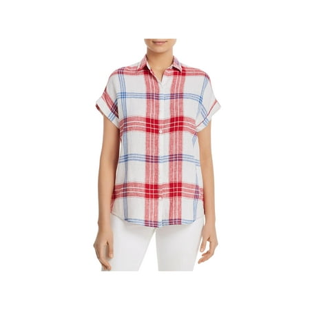 Beach Lunch Lounge Womens Spencer Linen Blend Plaid Button-Down Top