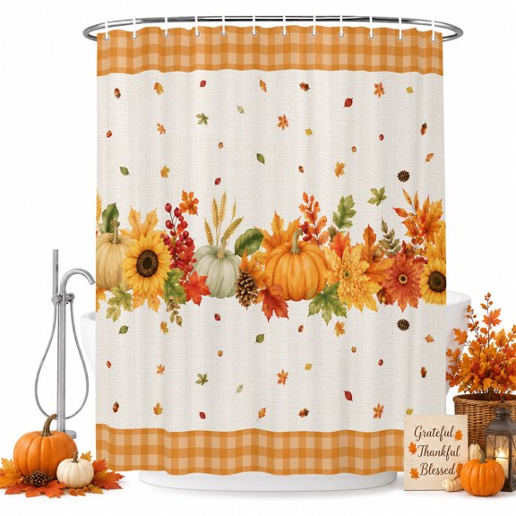 Fall Pumpkins Shower Curtain, Waterproof Shower Curtains for Bathroom, Thanksgiving Maple Leaves Floral Plaid Orange Washable Fabric Bathtub Curtain Set Bath Decor with 12 Hooks 48"x72"