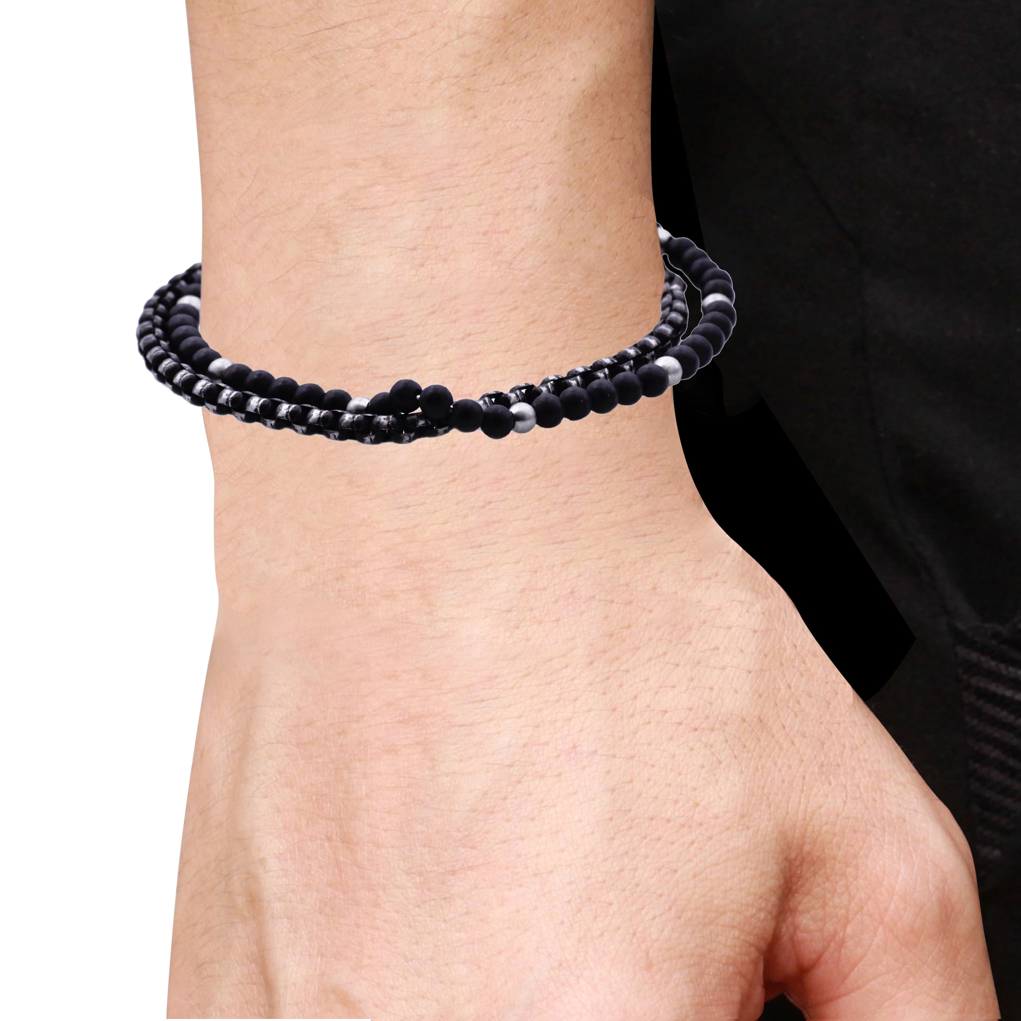 Arista Genuine Onyx Men's Beaded Bracelet in Black Plated Solid Stainless Steel, 8"