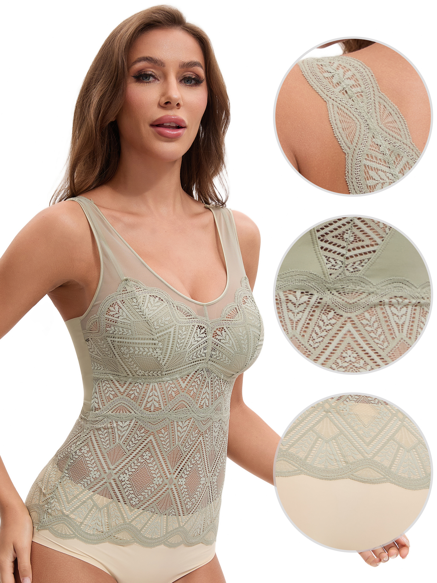 Unique Bargains Women's Lace Mesh V Back Wide Strap Fixed Cup Camisoles S Green