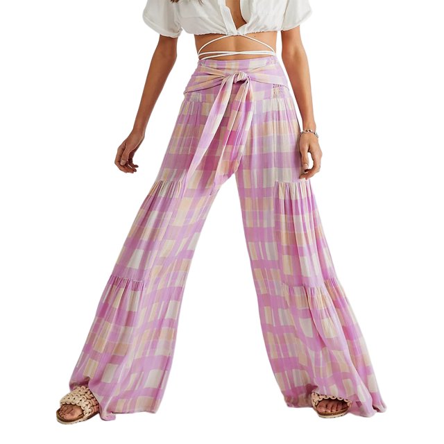 VISgogo - Pantalones palazzo con cinturón para mujer, pantalones de playa sueltos bohemios de cintura alta con estampado floral/a cuadros/cachemira VISgogo moda