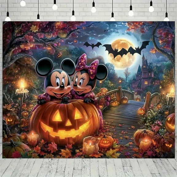 Bat Mickey Minnie Halloween Decoration Backdrop Banner 5.9x3.6ft Pumpkin Ghost Style Party Decoration Banner Backdrop Photo Booth Props for Home Indoor Outdoor Party Supplies