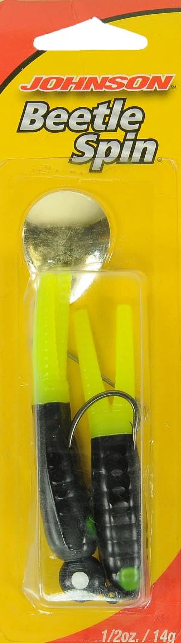(5 pack) Johnson Original Beetle Spin Fishing Lure, Black/Chartreuse, 3 in