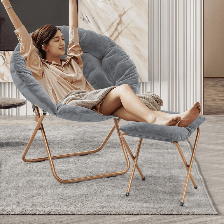 MoNiBloom Gray Faux Fur Foldable Saucer Chair and Footrest, Round