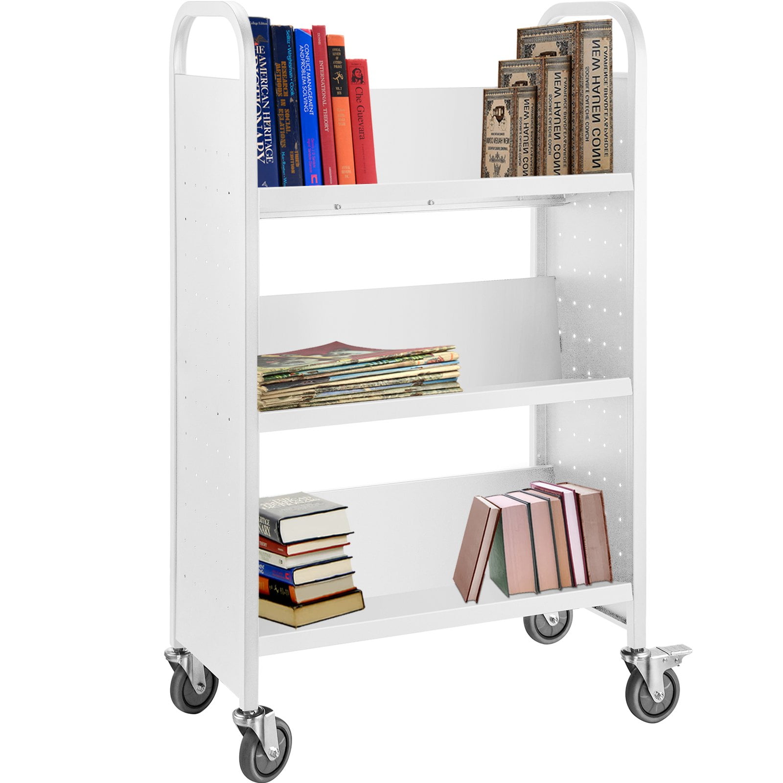 VEVOR Library Book Cart, White, 200 lbs Capacity, Rolling Library Cart