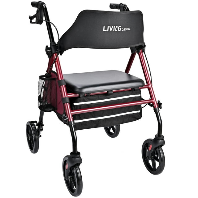 Déambulateur pour Aînés avec Siège, Hauteur Réglable et Roues de 8 Pouces, Déambulateur Pliable avec Frein à Main Verrouillable et Sac de Rangement, Supporte jusqu'à 300 Lb