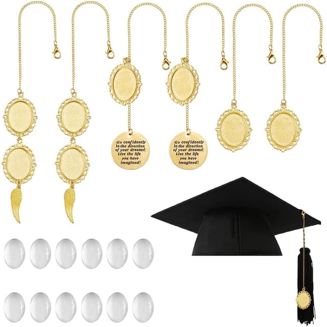 9 juegos de 3 estilos de dijes para birretes de graduación dorados de 2025 años, dije conmemorativo con borla para birrete, foto, vestido, ceremonia, cadena colgante con cabujón de cristal decorativo.