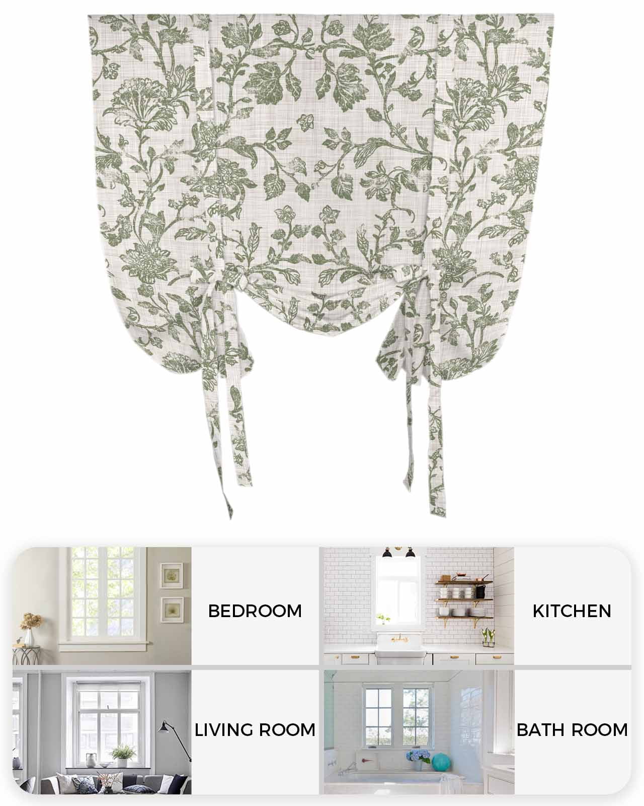 Spring Flowers Tie Up Curtains for Window, Thermal Insulated Balloon Shade Adjustable Rod Pocket Curtains Valance Panels for Kitchen Bathroom Cafe 42 x 45 Farmhouse Sage Green Pastoral Floral Leaf