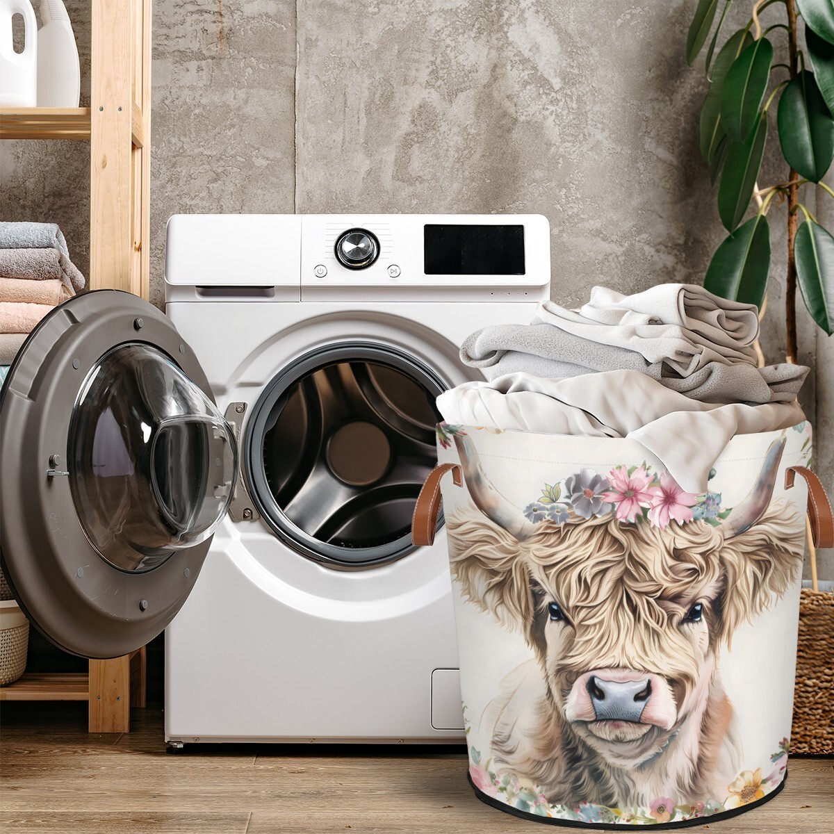 ADECORIVY Highland Cow Laundry Basket Waterproof Collapsible Hamper With Handles Oxford Cloth Dirty Clothes Tote for Bathroom, Bedroom, Living Room
