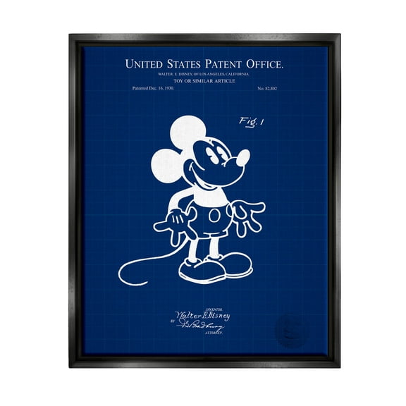 Stupell Industries Cartoon Mouse Character Blueprint Graphic Art Jet Black Floating Framed Canvas Print Wall Art, Design by Karl Hronek