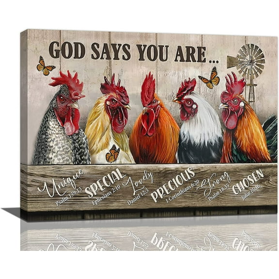 Farmhouse Rooster Canvas Wall Art Chicken Wall Decor God Says You Are Pictures Painting Print Framed Rustic Artwork for Bathroom Kitchen Living Room 12"x16"
