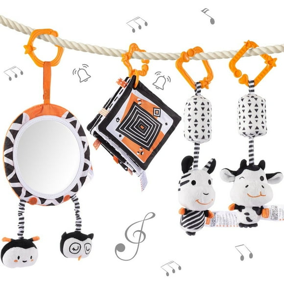 Black and White Baby Toys, 1 Tummy Time Mirror & 2 Plush Hanging Rattles & 1 Flashcard Soft Cloth Book, Newborn Squeaky Toys with 4 Hanging Rings, Car Seat Stroller Toys for 0-3 Years Old