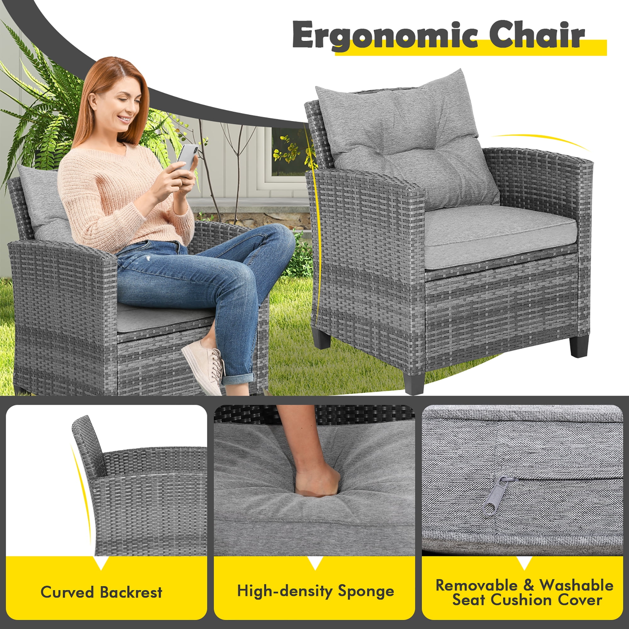 Costway 3PCS Patio Rattan Furniture Bistro Set  Cushioned Sofas Side Table Armrest Grey