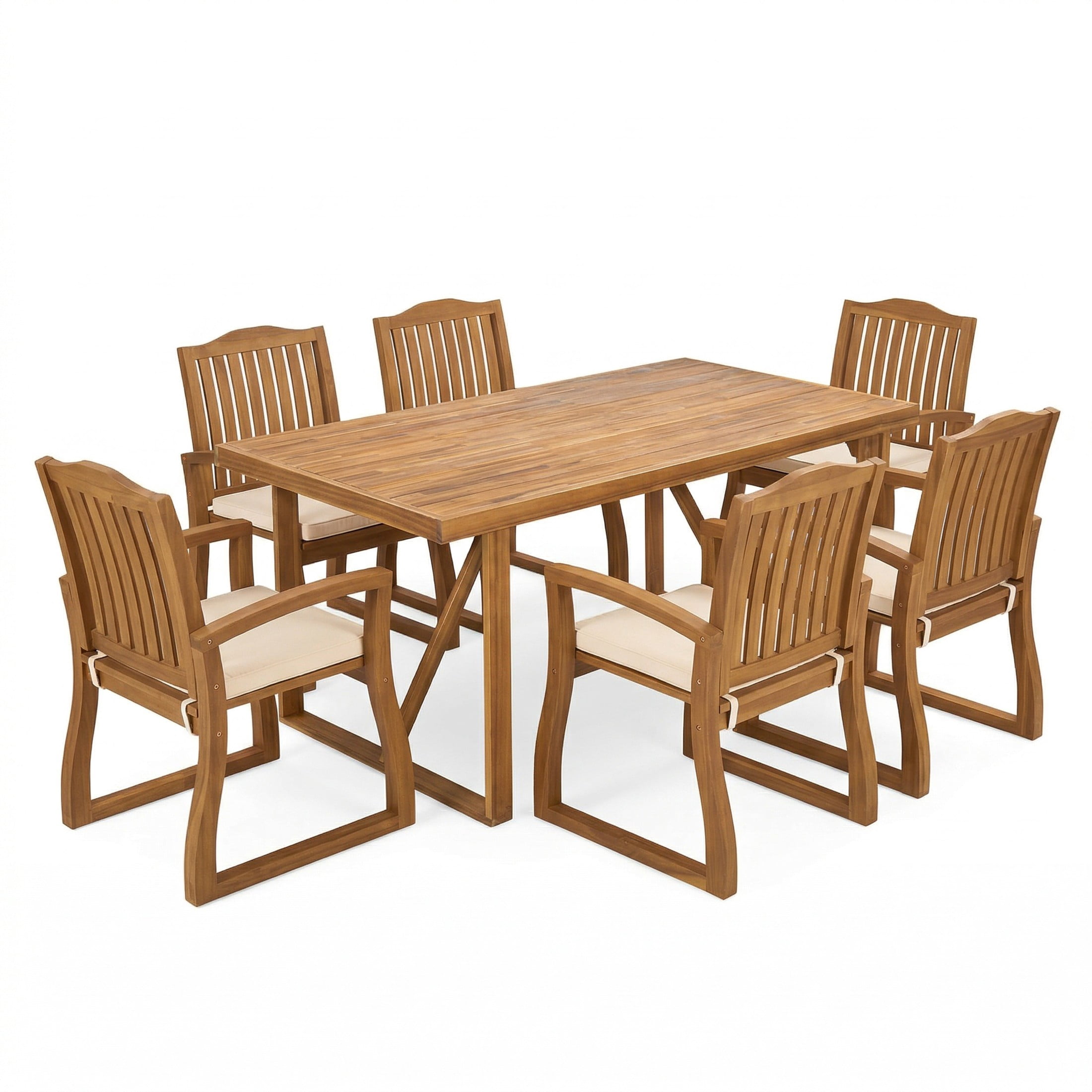 Christopher Knight Home 7-Piece Farmhouse Outdoor Patio Acacia Wood Dining Set with Cream Cushions, Teak