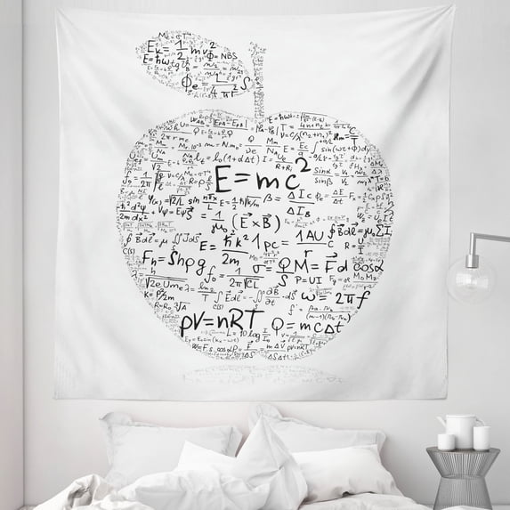 Science Tapestry, Equations and Formulas in the Shape of an Apple Learning Knowledge Student, Fabric Wall Hanging Decor for Bedroom Living Room Dorm, 5 Sizes, Black White, by Ambesonne
