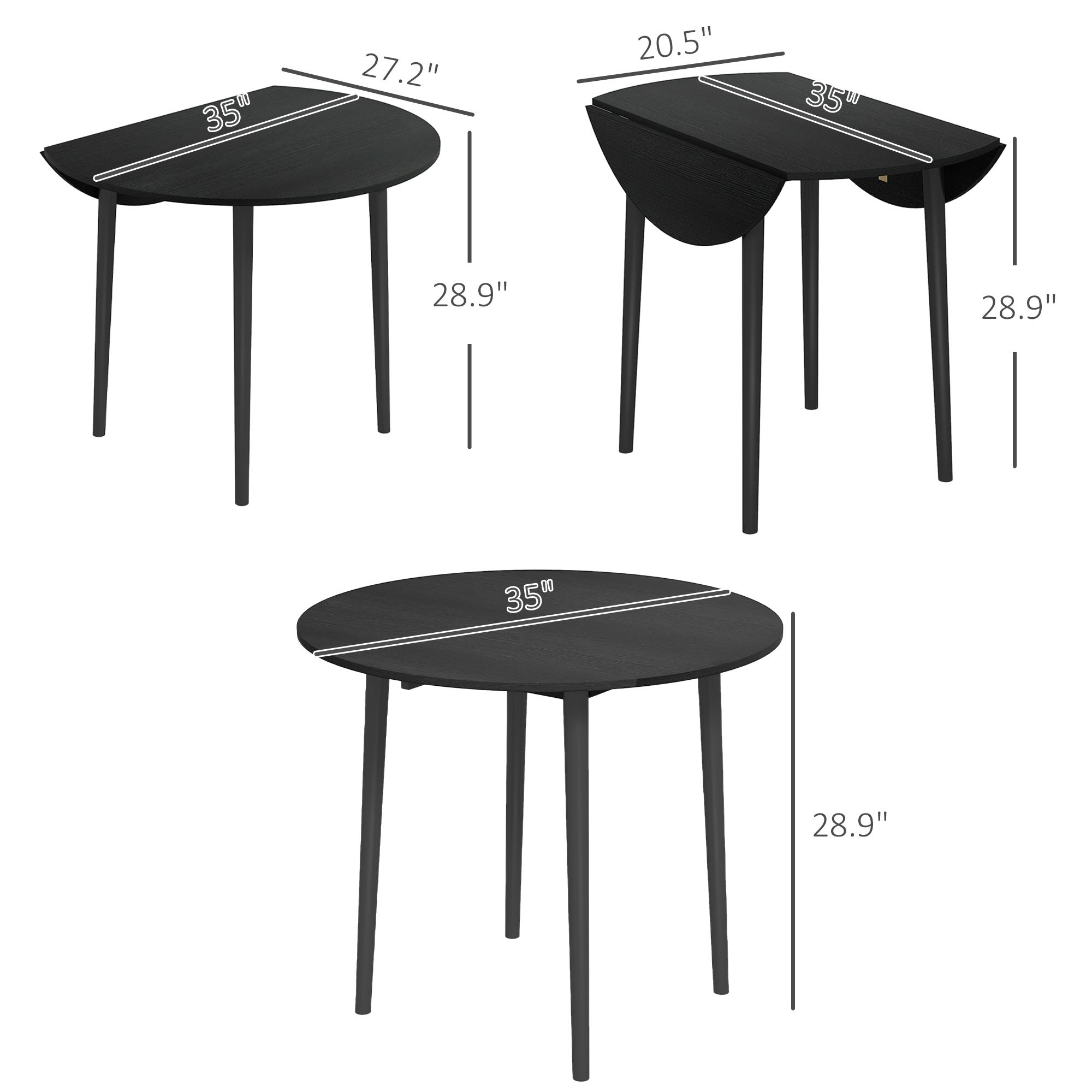 35" Round Folding Dining Table Distressed Black Solid Wood Legs Drop Leaf for Kitchen Dining Room
