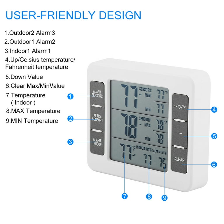 Fridge Thermometer, Digital Alarm Freezer Thermometer, Wireless Indoor Outdoor  Thermometer With 2 Sensors
