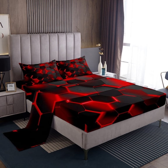 Erosebridal Honeycomb Geometry Twin Sheet Sets, Black Red Bed Sheets Twin, Abstract Bedding Twin Size, Super Cozy Room Decor, 3-Piece