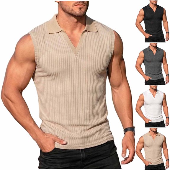 Kojanyu Men's Sleeveless V Neck Tank Tops Casual Summer Gym Athletic Tees Stretchy Striped Workout Tops, S-XXXL