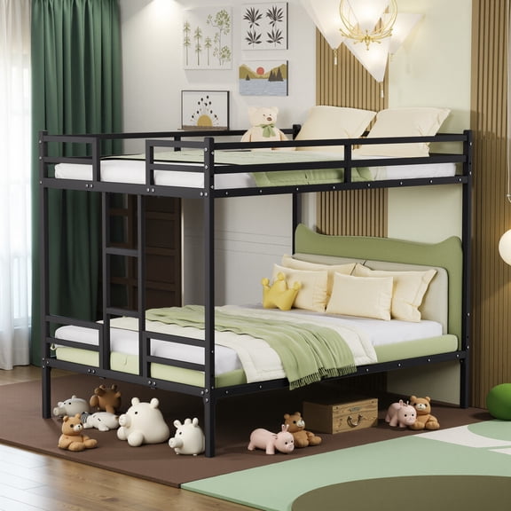 Ffz Queen Bunk Bed, Metal Bed Frame With Full-Length Guardrail And Ladder, Black