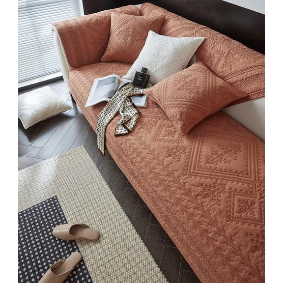 XUELC Boho Geometric Quilted Sofa Cover - Non-Slip Cotton Furniture Protector for Pets & Kids, Adjustable Sectional Couch Slipcover, Machine Washable
