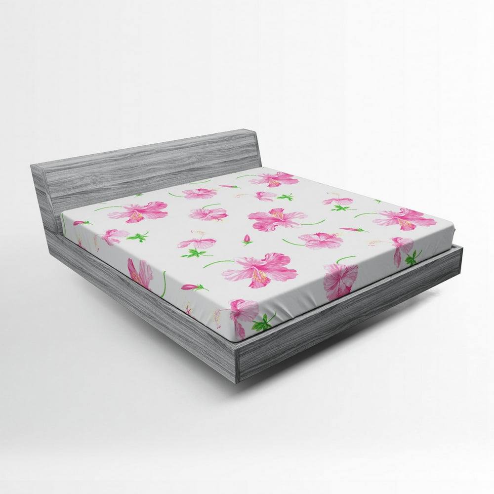 Flower Fitted Sheet, Hibiscus Bloom Flowers on a Plain Background with