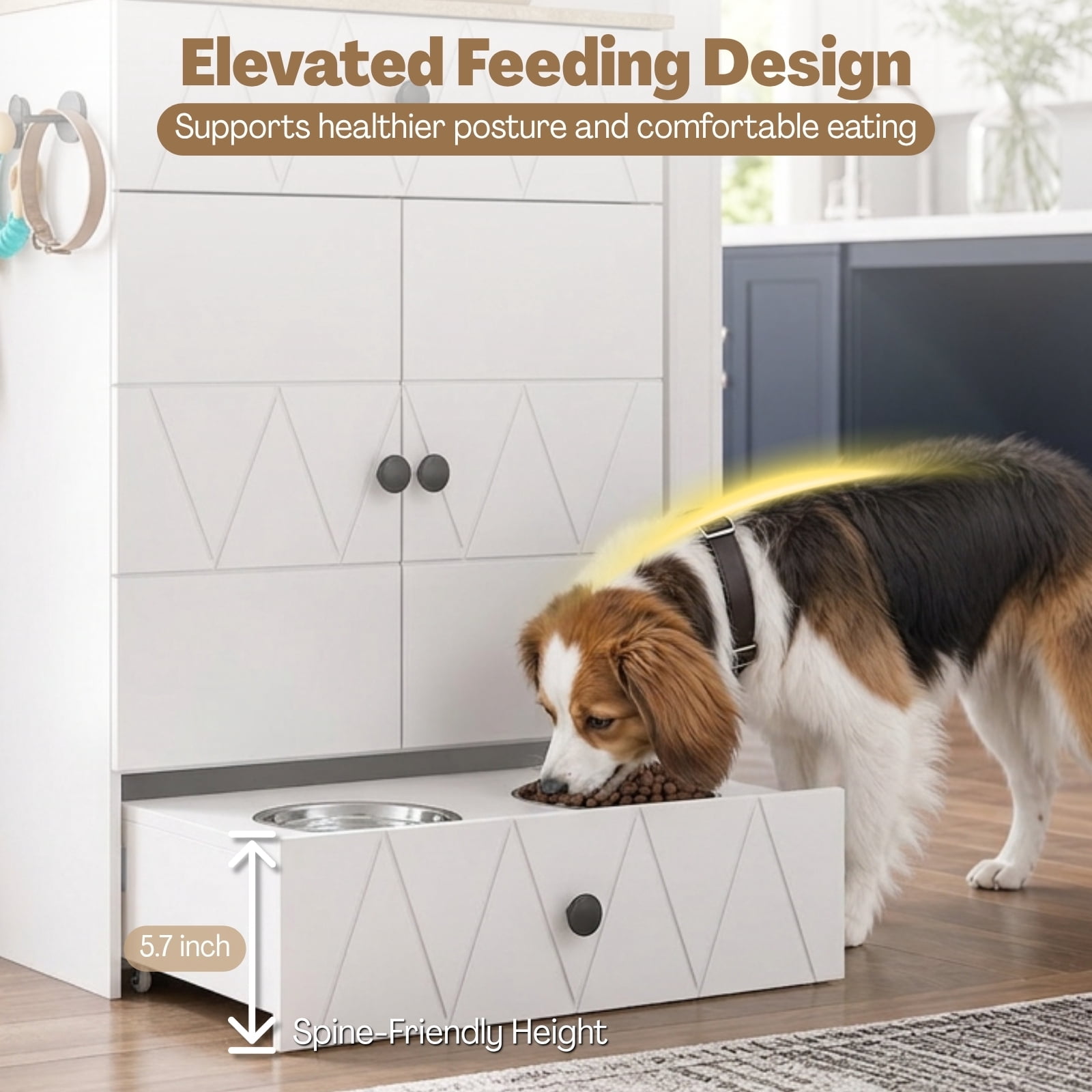 Advwin Pet Feeding Station Furniture with 2 Raised Dog Bowls, Dog & Cat Food Storage Cabinet with Drawer, Adjustable Shelves & Hooks, White