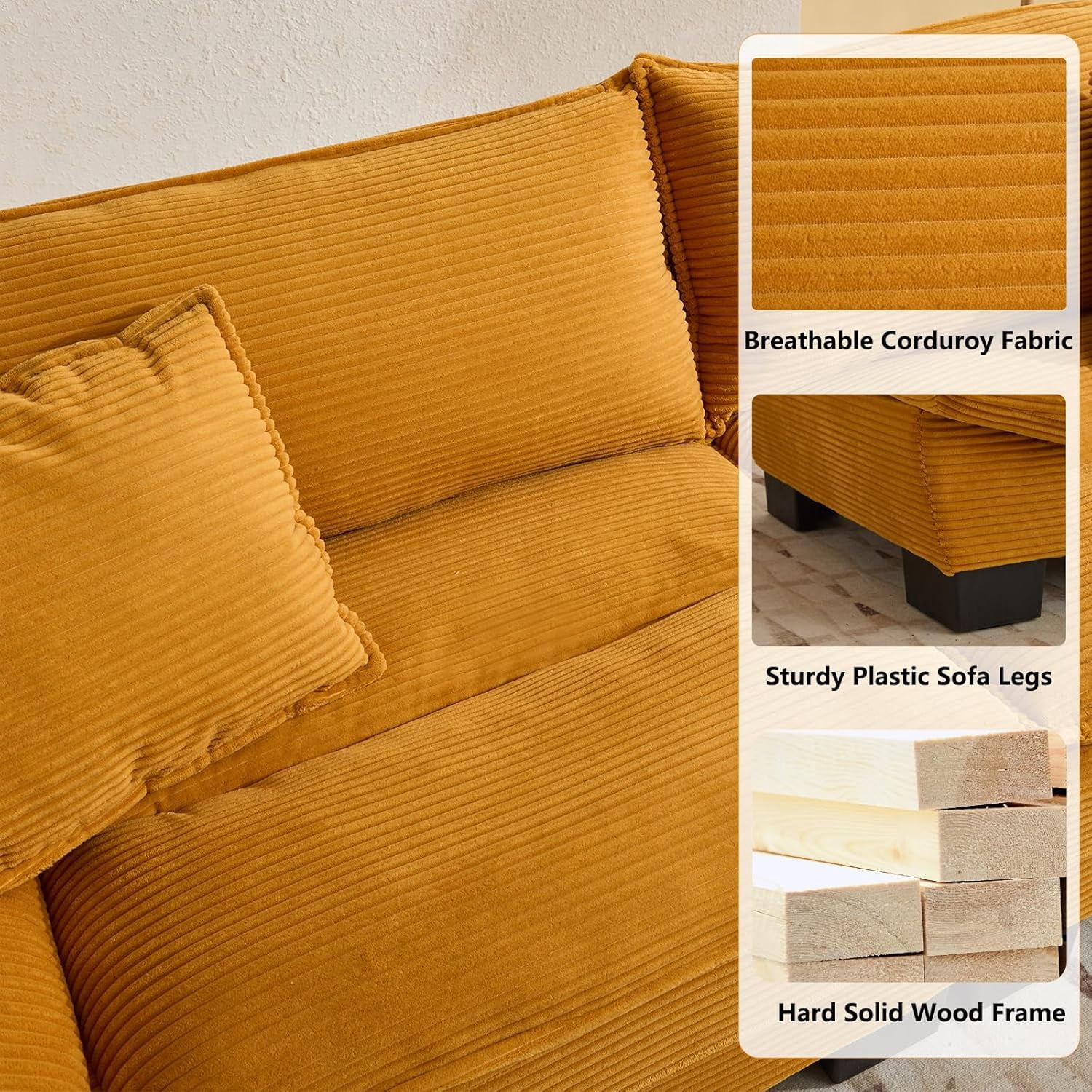 AENKYO 84" Corduroy Loveseat Sofa with Pillows, Modern 2-Seater Couch for Living Room,Yellow