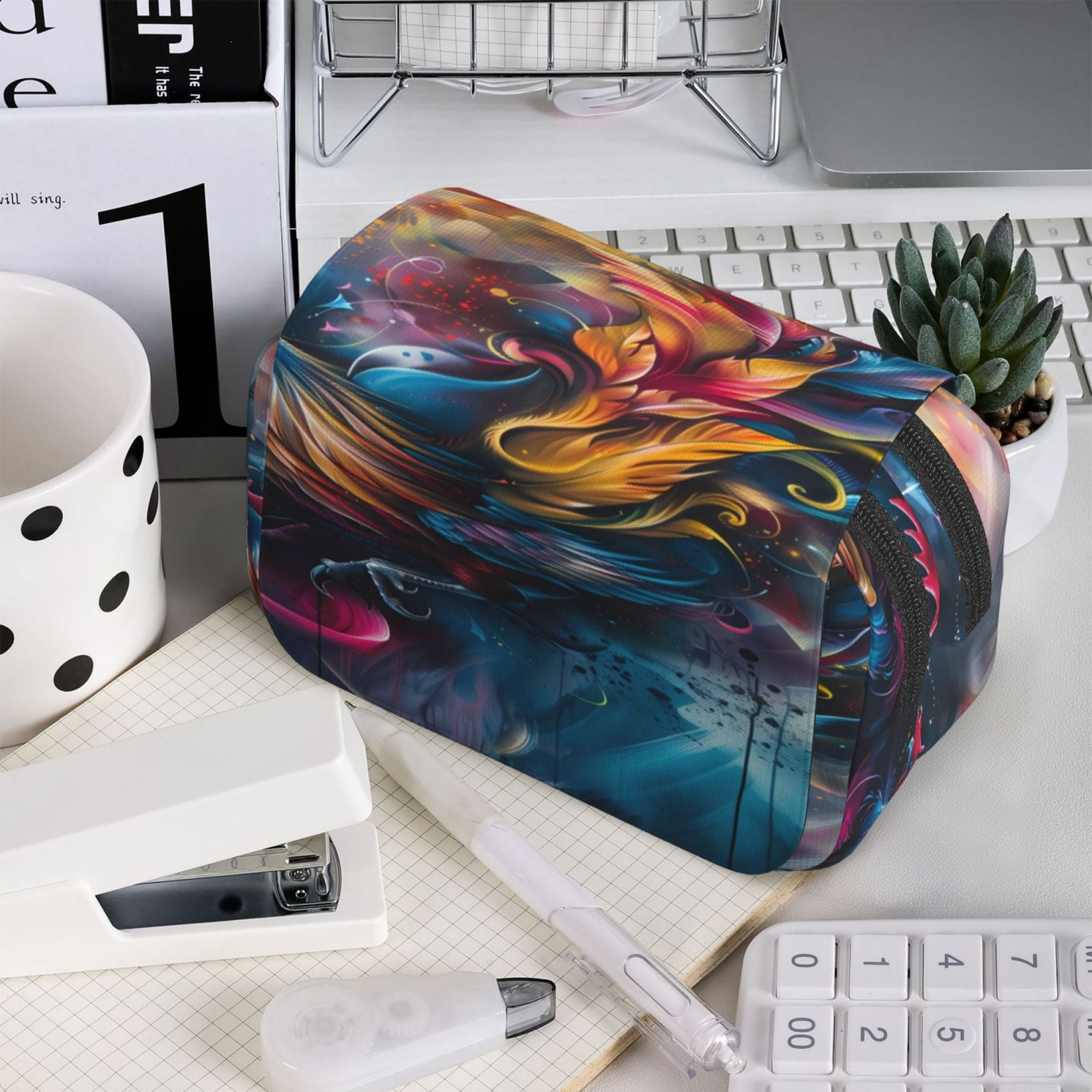 Rateoe Vibrant Rooster Painting Pattern Double Clamshell Pen Case, Storage Organizer with Two Zipper Compartments– Holds Up to 50 Pencils & Pens