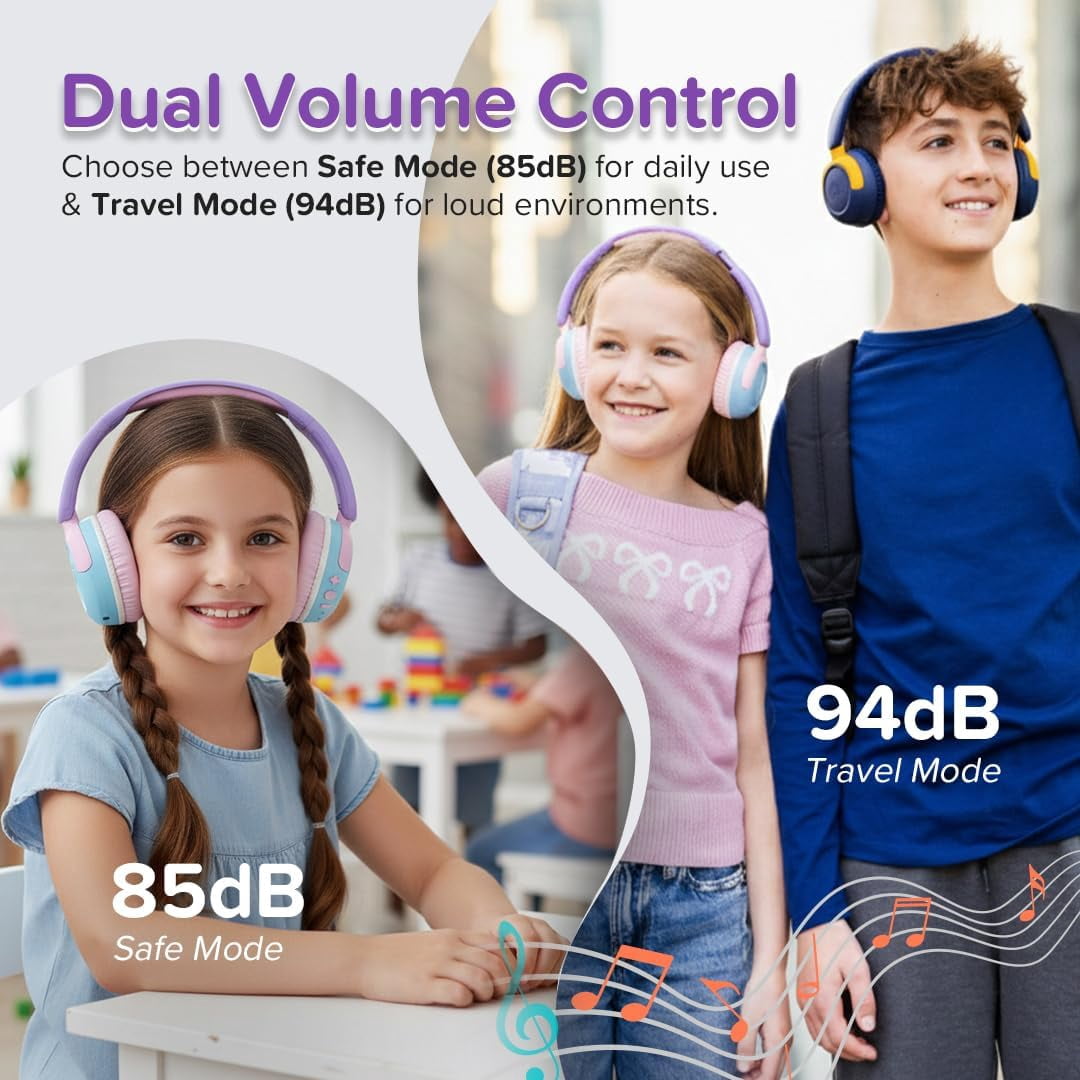 myFirst CareBuds Max Kids Wireless Headphones with Mic, Smart Volume Limit, 52H Playtime, Fast Charging, Interchangeable EarPads (Blueberry Pop)