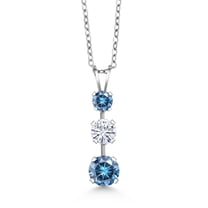 Gem Stone King 925 Sterling Silver Persian Blue Moissanite 3 Stone Pendant Necklace for Women (1.53 Cttw, Gemstone Birthstone, Round 6MM, 5MM and 4MM, with 18 inch Chain)