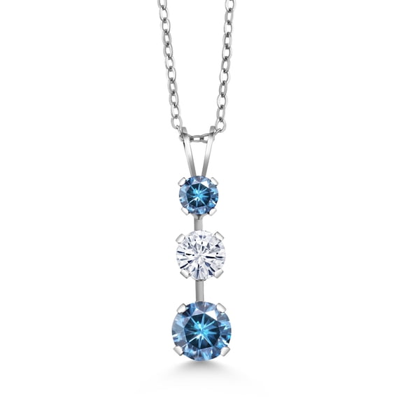 Gem Stone King 925 Sterling Silver Persian Blue Moissanite 3 Stone Pendant Necklace for Women (1.53 Cttw, Gemstone Birthstone, Round 6MM, 5MM and 4MM, with 18 inch Chain)