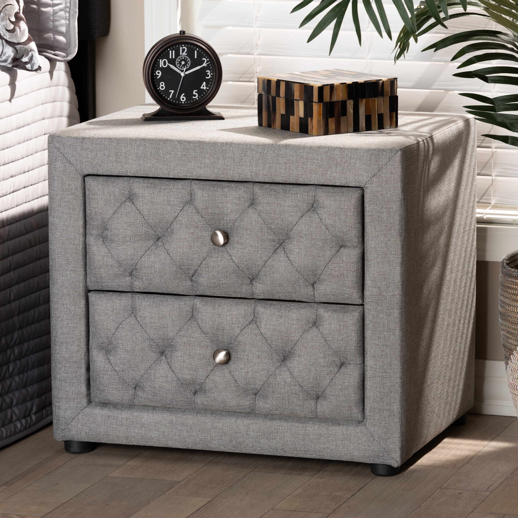 Baxton Studio Lepine Modern and Contemporary Gray Fabric Upholstered 2-Drawer Wood Nightstand